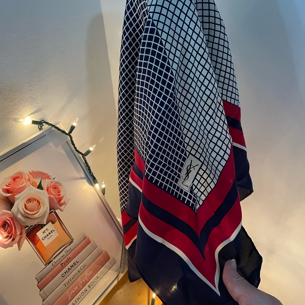 Yves Saint Laurent Red and Navy Geometric Scarf - Picture 6 of 8